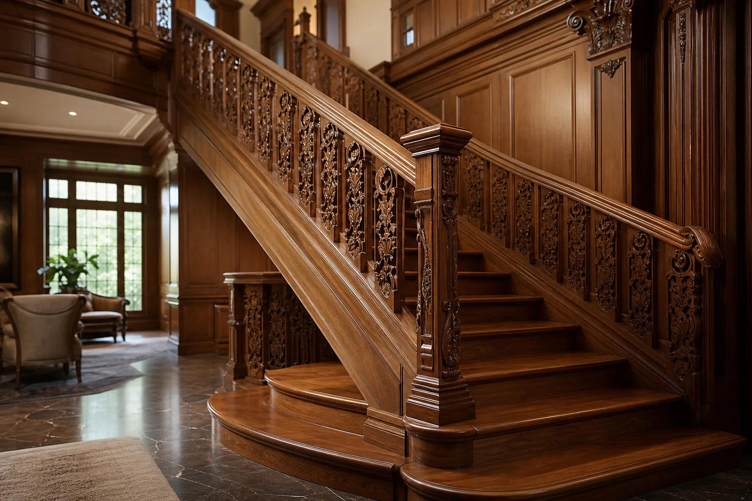 Elite carved oak staircase in an interior