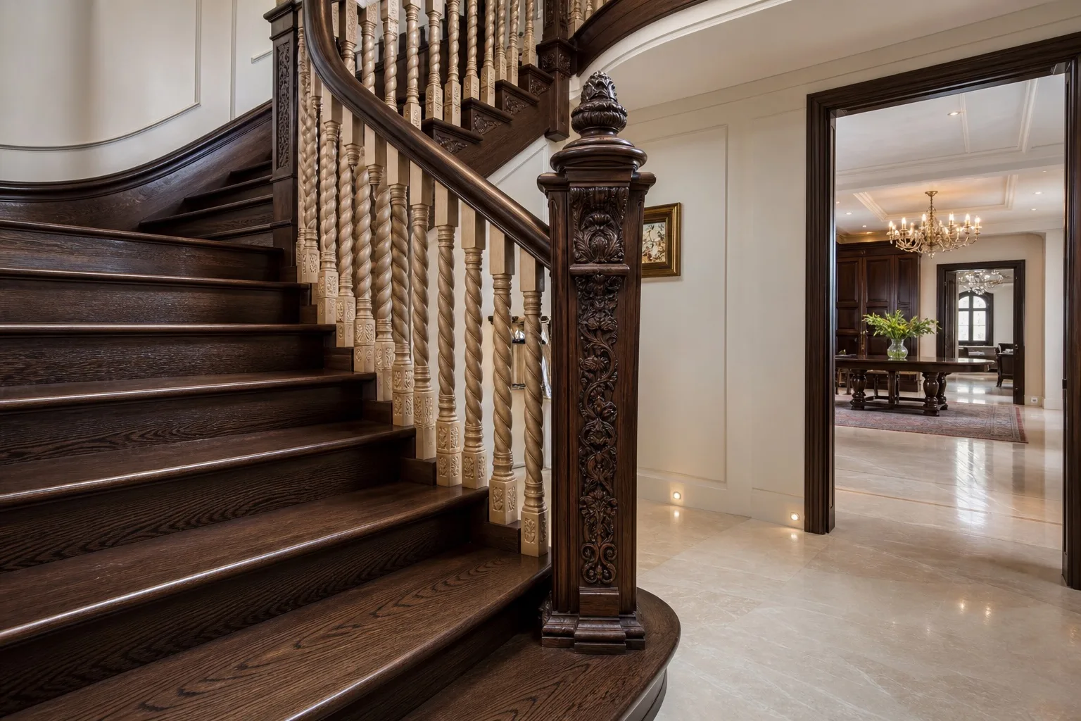 Elite staircase with carved balusters