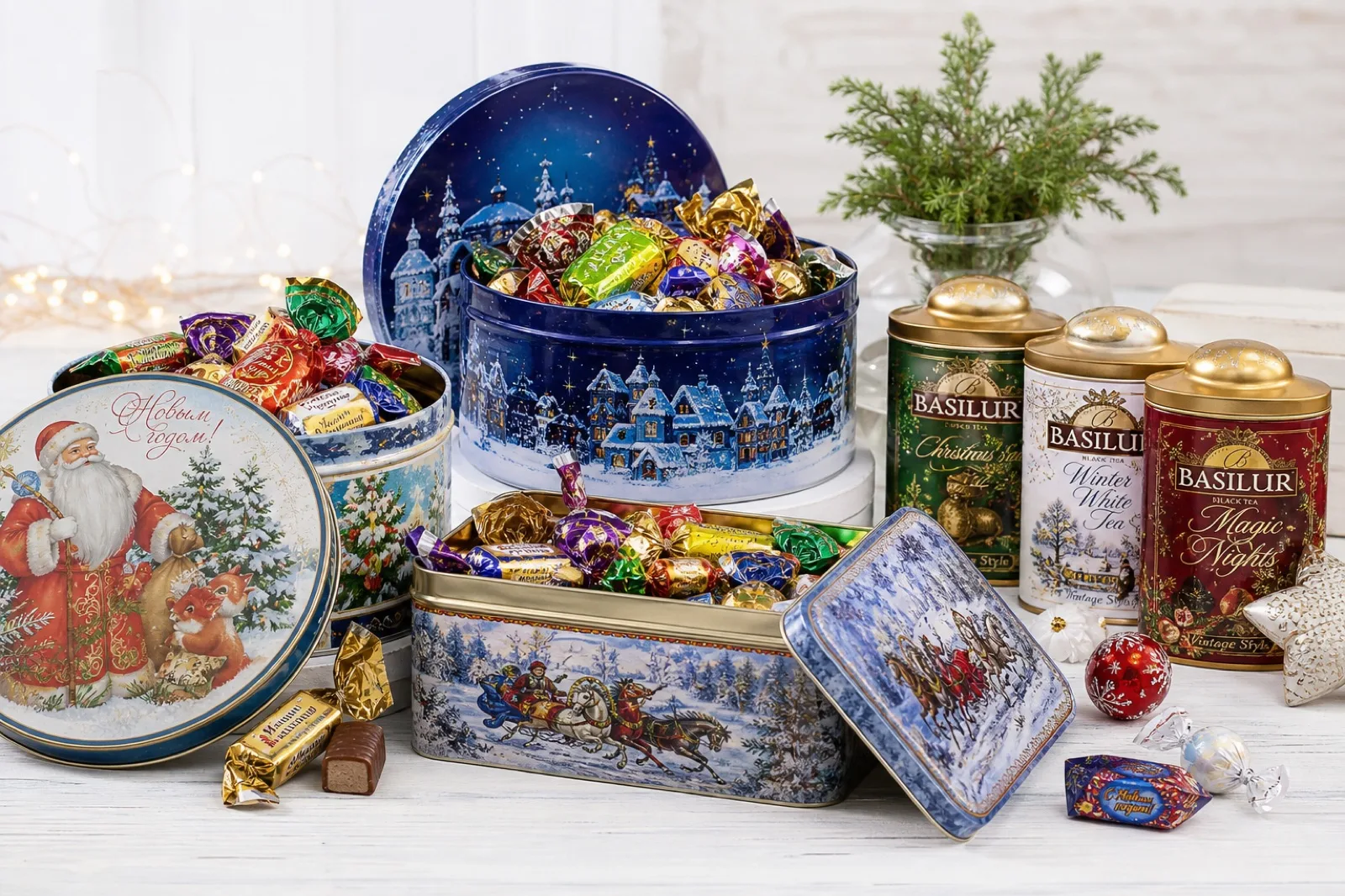 Candy, New Year tins, and tea — Skazka assortment